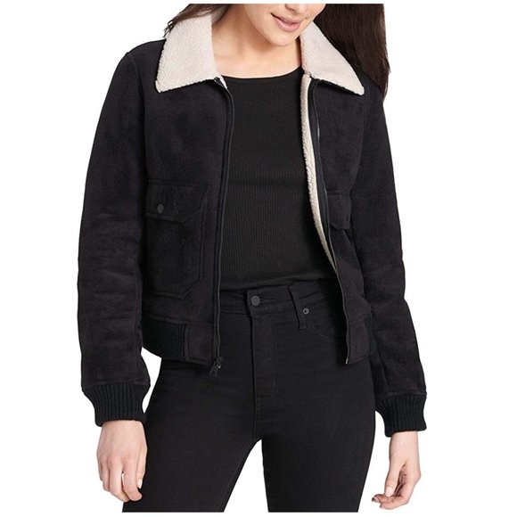 NWT Levi's Women's Faux Leather Sherpa Aviator Bomber Jacket Size M $180 2D114 - Picture 3 of 3